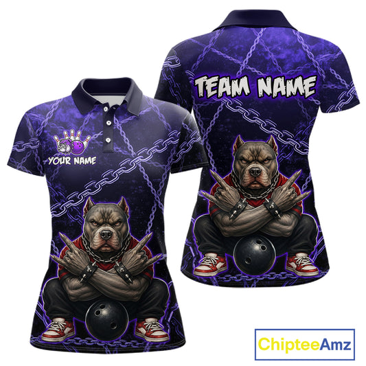 Custom purple cool pit bull bowling polo shirt, front and back views, bowling league jersey for women