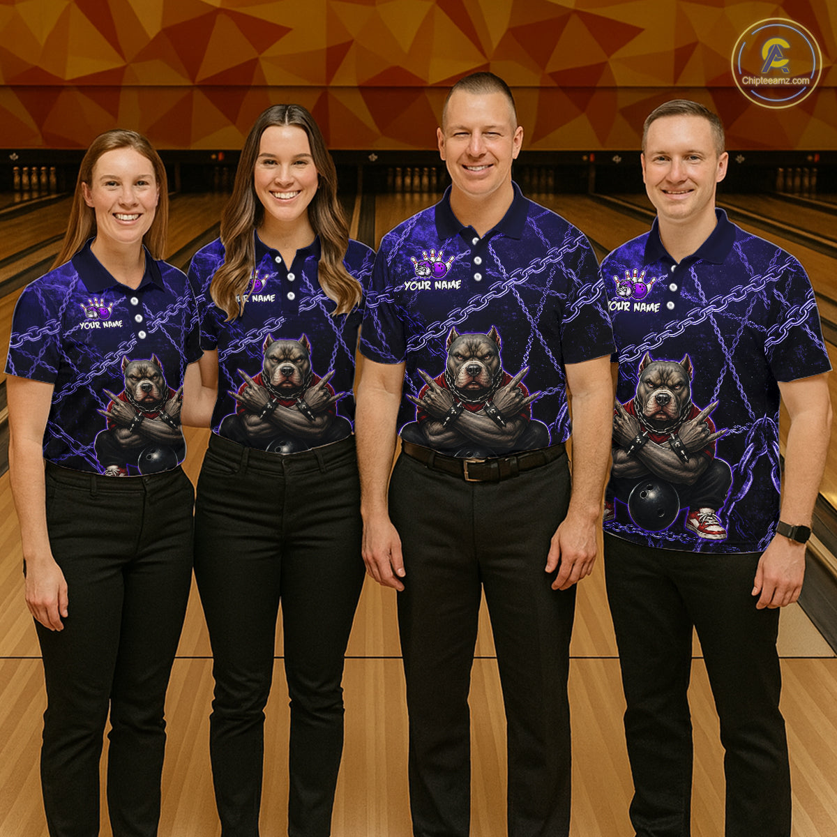 Bowling team wearing custom purple cool pit bull bowling shirts, group front view mockup with team name design.