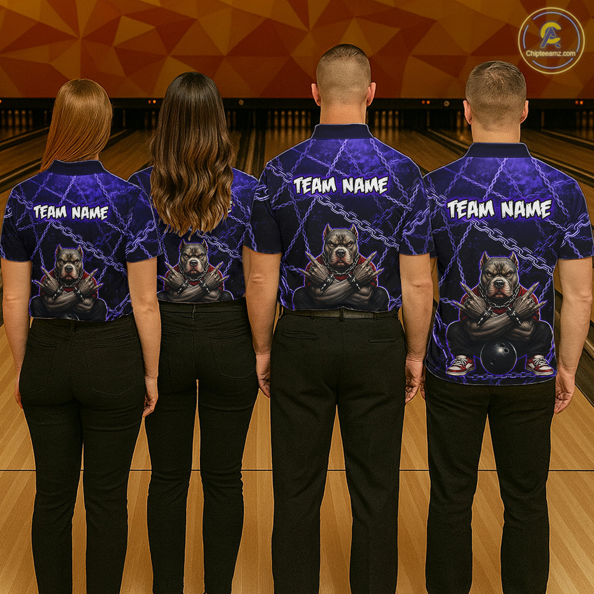 Bowling team wearing custom purple cool pit bull bowling shirts, group back view mockup, personalized team jerseys.