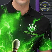 Load image into Gallery viewer, Green and black bowling-themed shirt with a logo and text on a blurred background