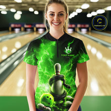 Load image into Gallery viewer, Person wearing a green bowling shirt with a snake and bowling ball design in a bowling alley.