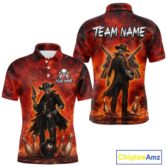 Custom Cowboy Skull Bowling Shirt for Men Red Fire Western Bowling Jersey Polo & 1/4 Zip QZT1224