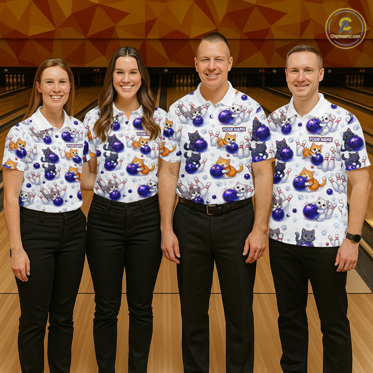 Custom Funny Cat Pattern Bowling Shirt Bowling Jersey League Polo & 1/4Zip Bowling Team for Women QZT951