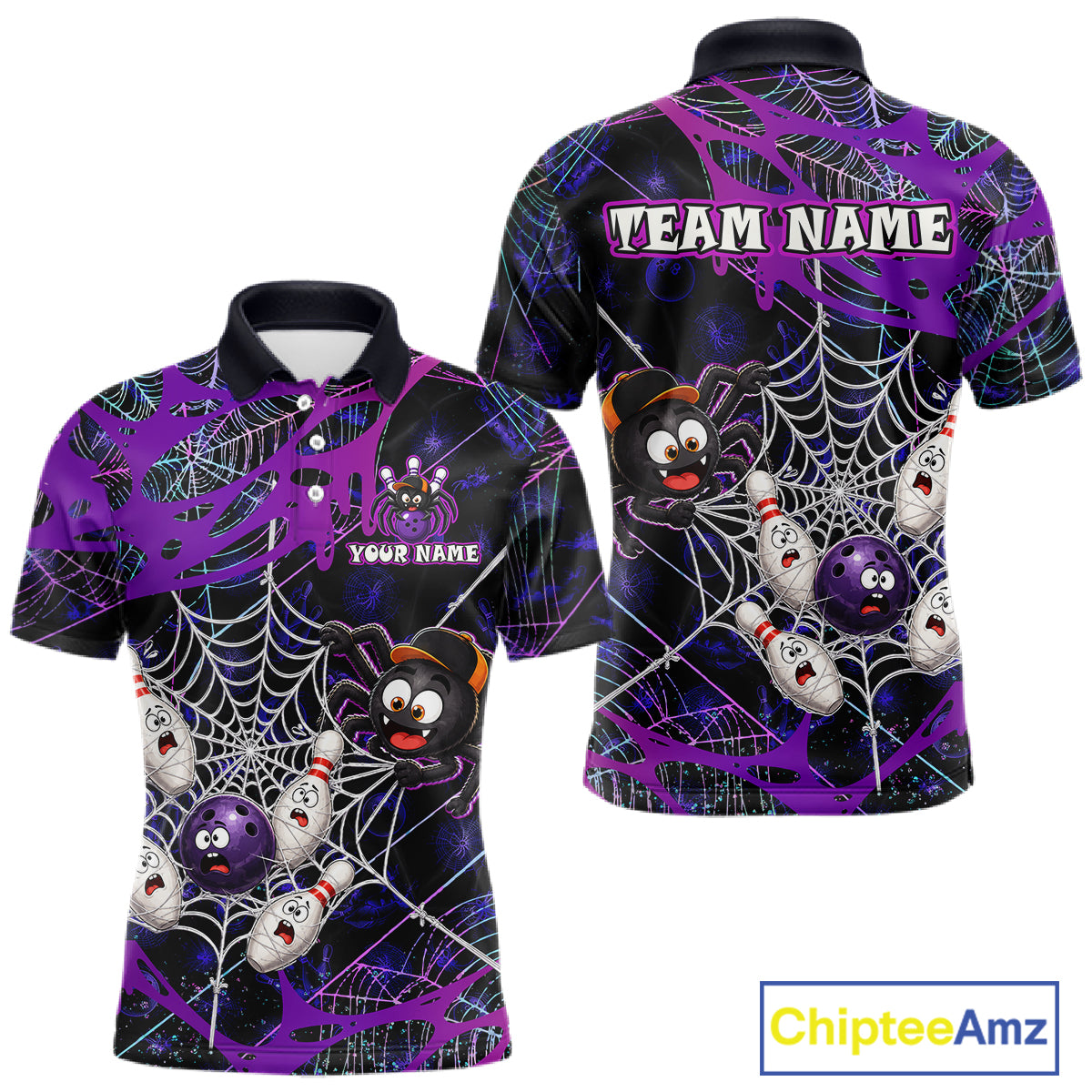 Custom purple funny spider bowling polo shirt, front and back views, bowling league jersey for men