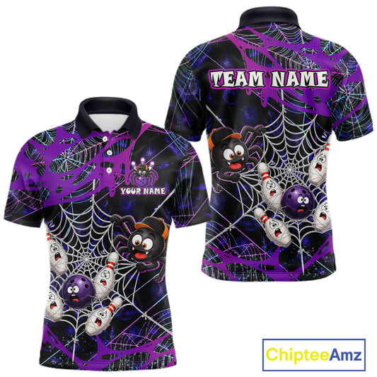 Custom purple funny spider bowling polo shirt, front and back views, bowling league jersey for men