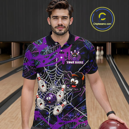 Man wearing custom purple funny spider bowling polo shirt, front view mockup, personalized bowling league jersey.
