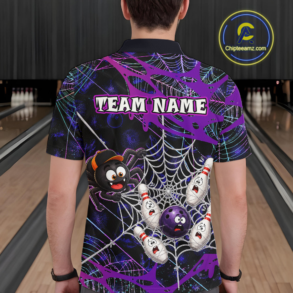 Man wearing custom purple funny spider bowling polo shirt, back view mockup with team name design.