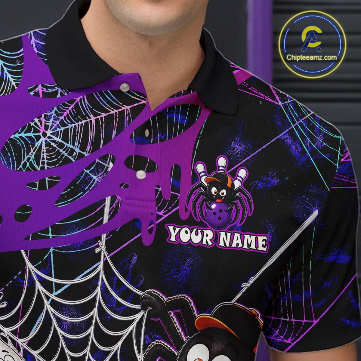  Close-up collar view of custom purple funny spider bowling polo shirt with personalized name detail.