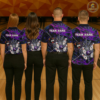 Bowling team wearing custom purple funny spider bowling shirts, group back view mockup with team name design.