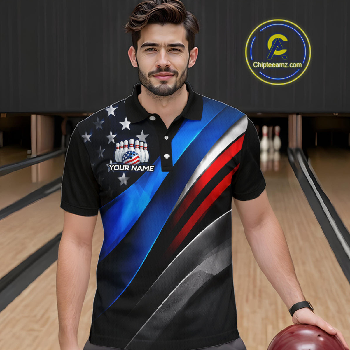 Man wearing custom American Flag  bowling polo shirt, front view mockup, personalized bowling league jersey.