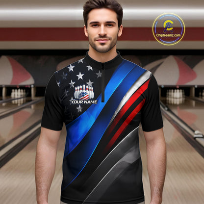 Man wearing custom American Flag bowling 1/4 zip shirt, front view mockup, personalized bowling league jersey.