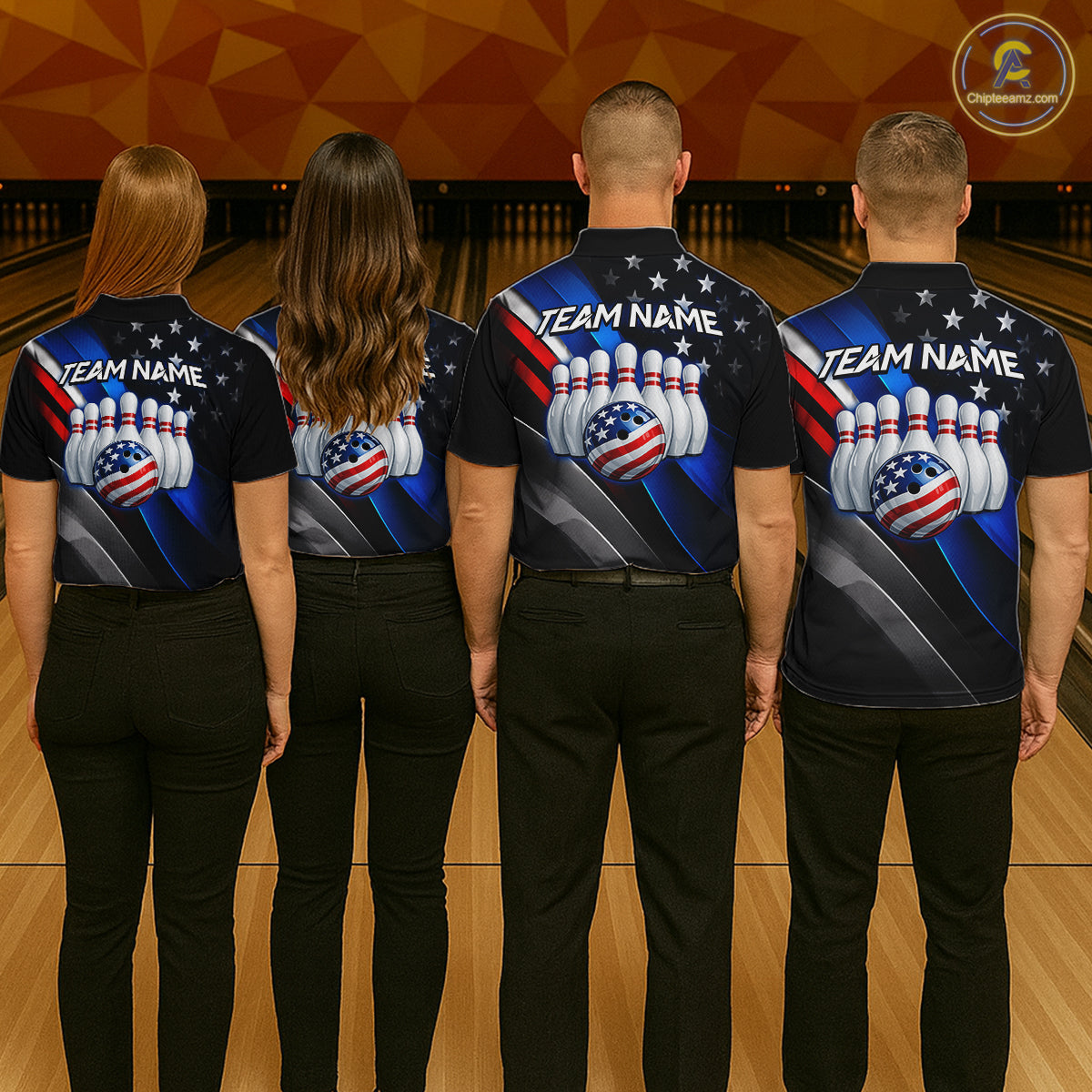 Bowling team wearing customAmerican Flag bowling shirts, group back view mockup, personalized team jerseys.