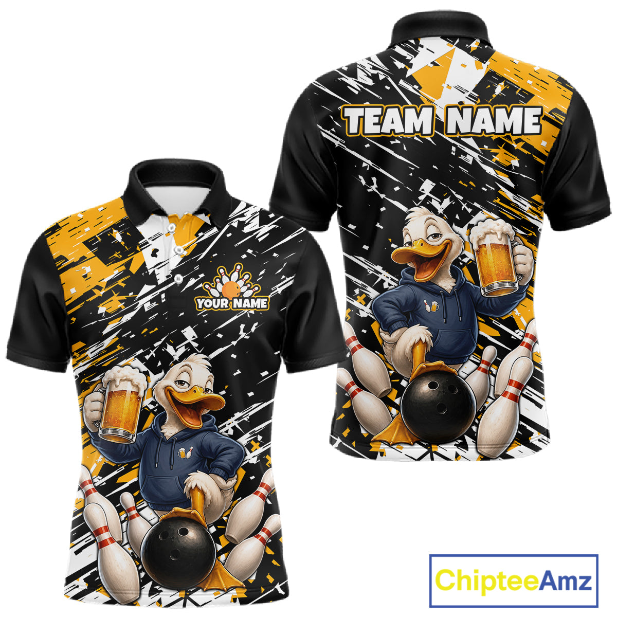 Front and back views of a custom short-sleeve polo shirt featuring a cartoon duck bowling theme. The shirt has a black base with yellow and white abstract brushstroke patterns, a large graphic of the bowling duck holding beer mugs and a bowling ball, and customizable text areas reading 'TEAM NAME' on the back and 'YOUR NAME' on the front.