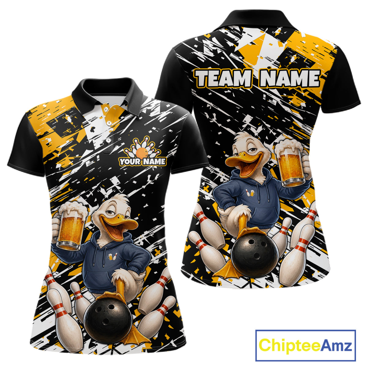 Custom printed short-sleeve polo shirt shown from the front and back, featuring a cartoon duck bowling with pins, beer mugs, and a black, white, and yellow paint-splatter background. Includes customizable text areas reading 'TEAM NAME' and 'YOUR NAME'.