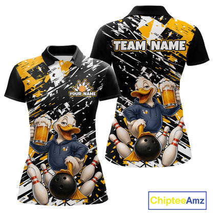 Custom printed short-sleeve polo shirt shown from the front and back, featuring a cartoon duck bowling with pins, beer mugs, and a black, white, and yellow paint-splatter background. Includes customizable text areas reading 'TEAM NAME' and 'YOUR NAME'.