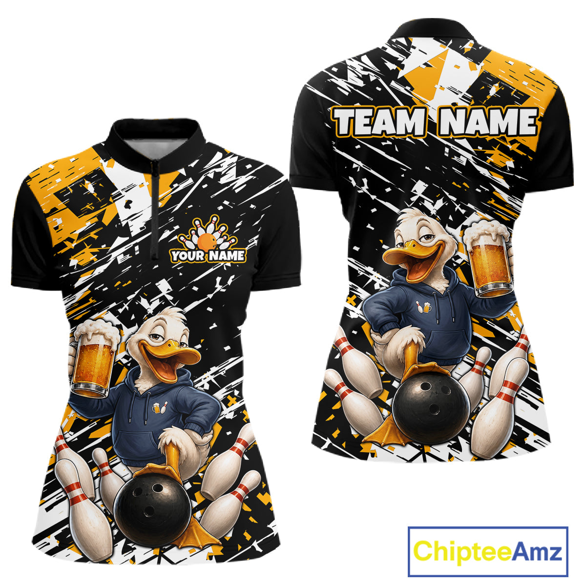 Front and back views of a custom bowling-themed polo shirt. The shirt features a black base with yellow and white paint splatter graphics, a cartoon duck character holding bowling pins and beer mugs, and customizable text areas reading 'TEAM NAME' and 'YOUR NAME'.