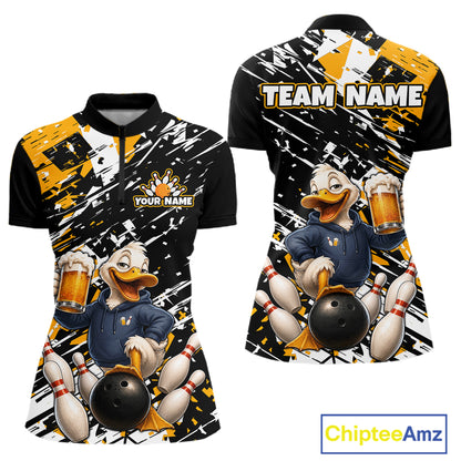 Front and back views of a custom bowling-themed polo shirt. The shirt features a black base with yellow and white paint splatter graphics, a cartoon duck character holding bowling pins and beer mugs, and customizable text areas reading 'TEAM NAME' and 'YOUR NAME'.