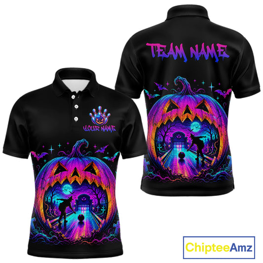 Custom Halloween Pumpkin Bowling Shirt Neon Glow Bowling Team Jersey for Men Polo & Quarter-Zip QZT1227