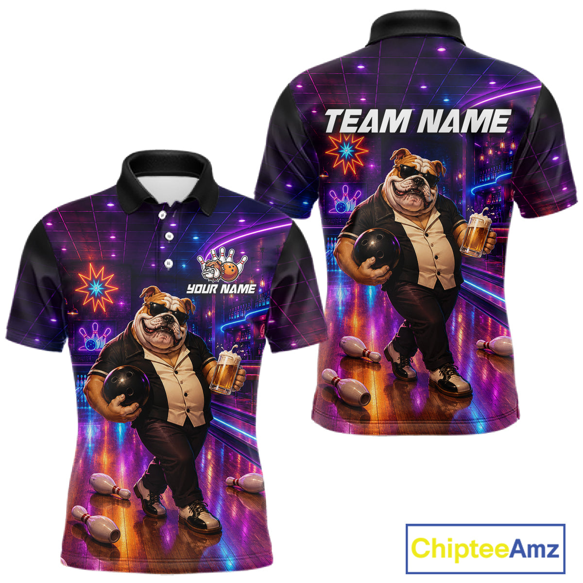 Custom Neon Funny Bulldog Bowling Shirt Bowling Team Jersey for Men Polo & Quarter-Zip QZT1228