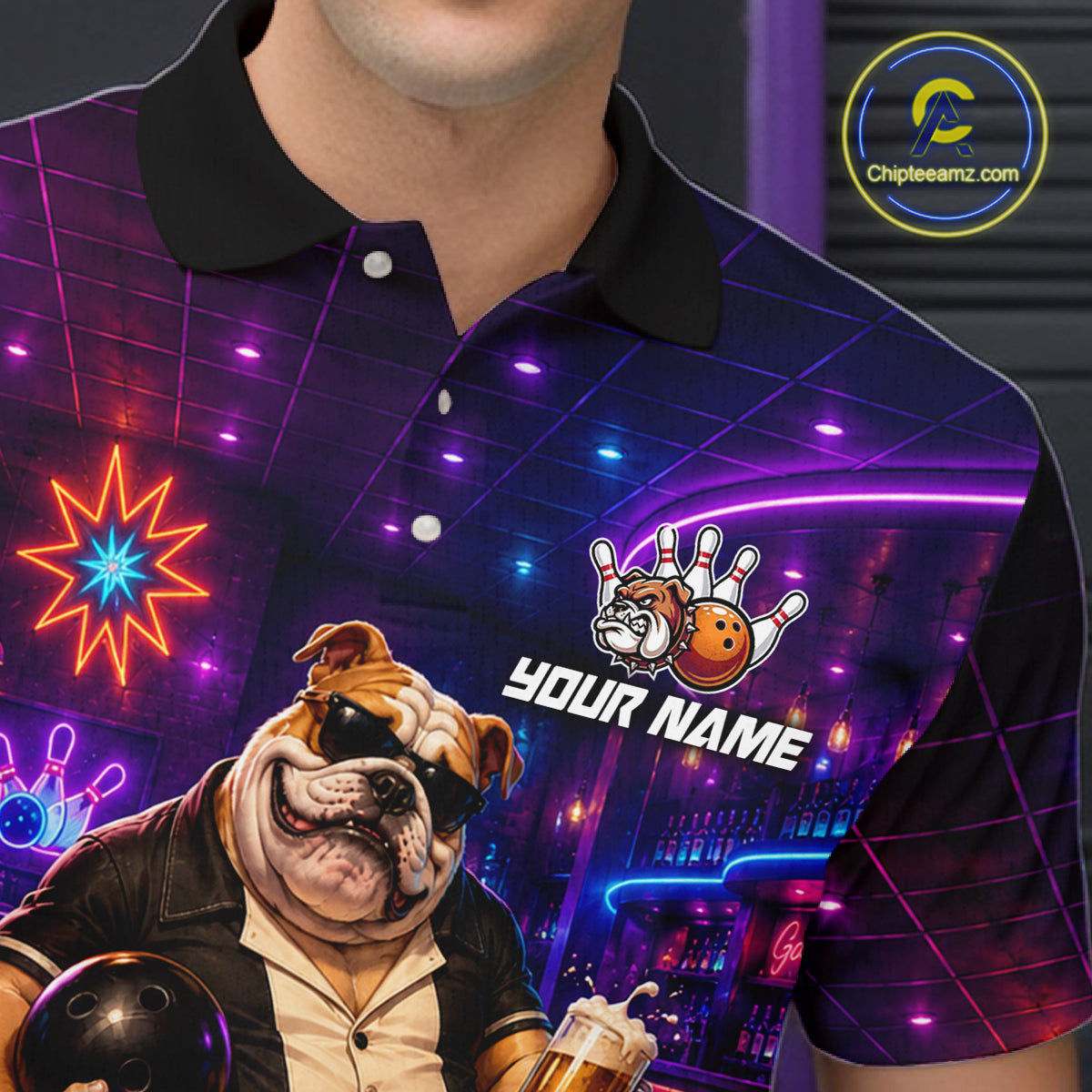 Custom Neon Funny Bulldog Bowling Shirt Bowling Team Jersey for Men Polo & Quarter-Zip QZT1228