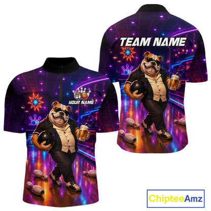 Custom Neon Funny Bulldog Bowling Shirt Bowling Team Jersey for Men Polo & Quarter-Zip QZT1228