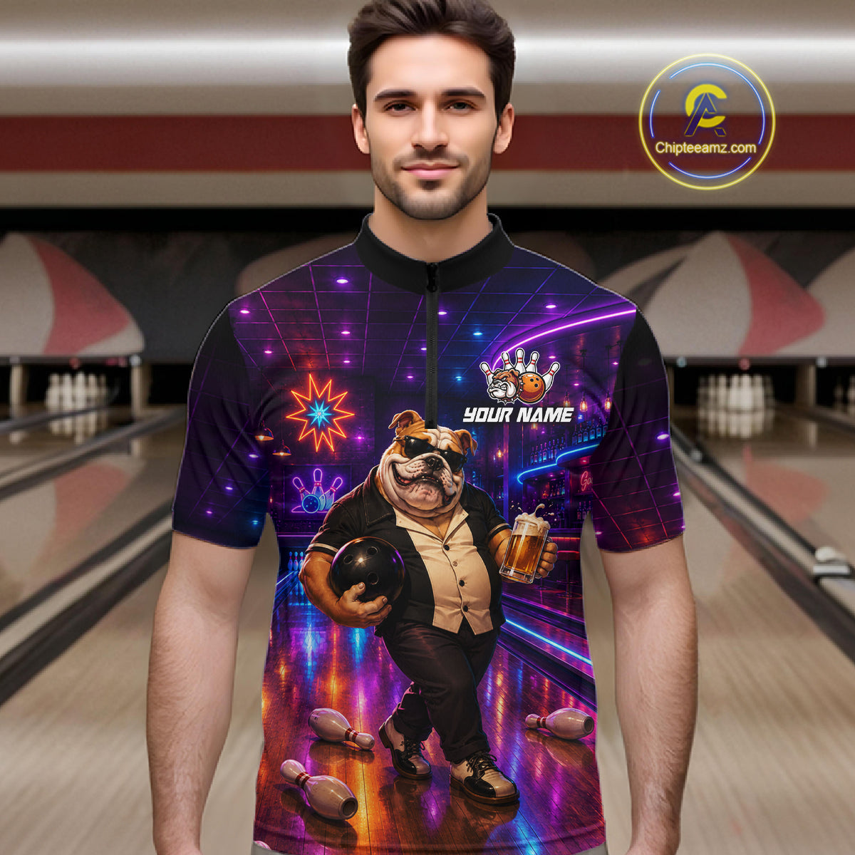 Custom Neon Funny Bulldog Bowling Shirt Bowling Team Jersey for Men Polo & Quarter-Zip QZT1228