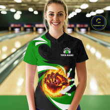 Load image into Gallery viewer, Personalized Green Flame Demon Hand Bowling Shirt for Women Bowling Outfit Polo &amp; Quarter-Zip Bowling Jersey QZT867