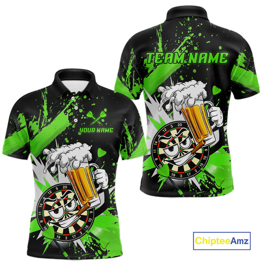 Custom short-sleeve polo shirt shown from the front and back on a white background. The shirt features a black base with vibrant green paint splatters, a cartoon dartboard character holding a beer mug, and customizable text placeholders 'TEAM NAME' and 'YOUR NAME'.