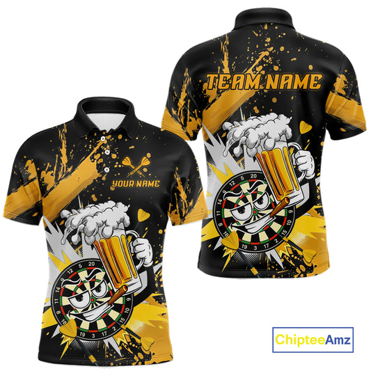 Custom short-sleeve polo shirt shown from the front and back, featuring a black base with bold yellow paint splatters, a cartoon dartboard with a skull face, a frothy beer mug graphic, and placeholder text including 'TEAM NAME' and 'YOUR NAME'. A ChipteeAmz logo appears in the bottom right corner.