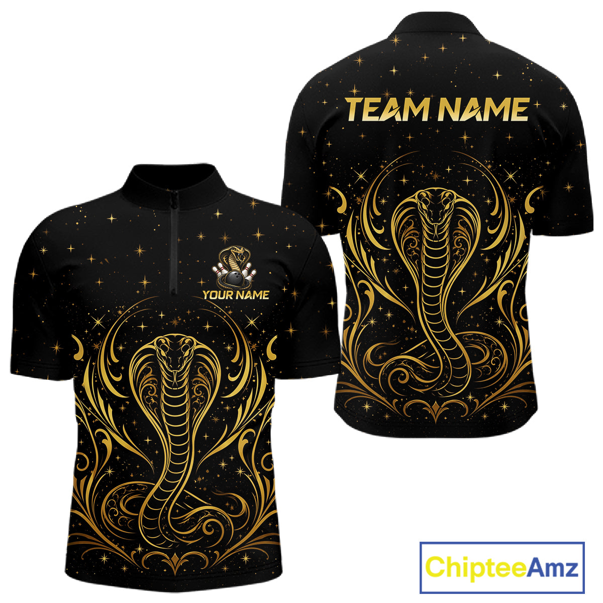 Custom black & gold cobra bowling quarter-zip shirt, front and back views, bowling league jersey for men