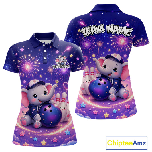Custom funny elephant firework bowling polo shirt, front and back views, bowling league jersey for women