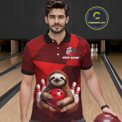 Red Funny Sloth Bowling Shirt for Men Custom Bowling Jersey Polo & Quarter-Zip Bowling Outfit QZT995