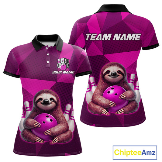 Pink Funny Sloth Bowling Shirt for Women Custom Bowling Jersey Polo & Quarter-Zip Bowling Outfit QZT995