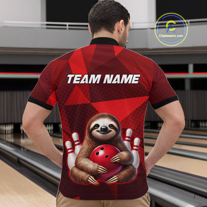 Red Funny Sloth Bowling Shirt for Men Custom Bowling Jersey Polo & Quarter-Zip Bowling Outfit QZT995