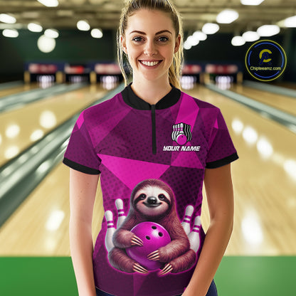 Pink Funny Sloth Bowling Shirt for Women Custom Bowling Jersey Polo & Quarter-Zip Bowling Outfit QZT995