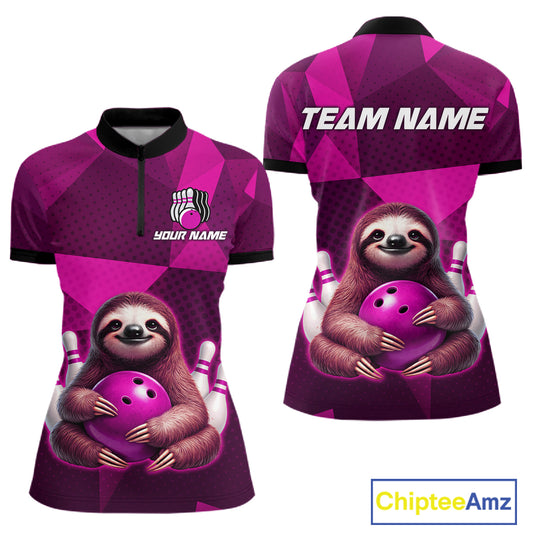 Pink Funny Sloth Bowling Shirt for Women Custom Bowling Jersey Polo & Quarter-Zip Bowling Outfit QZT995
