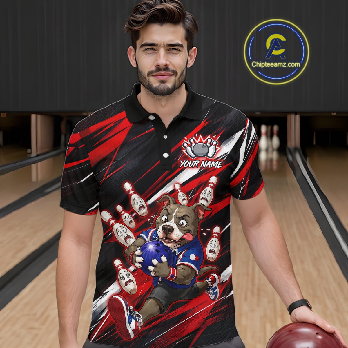 Man wearing custom red pit bull bowling polo shirt, front view mockup, personalized bowling league jersey.