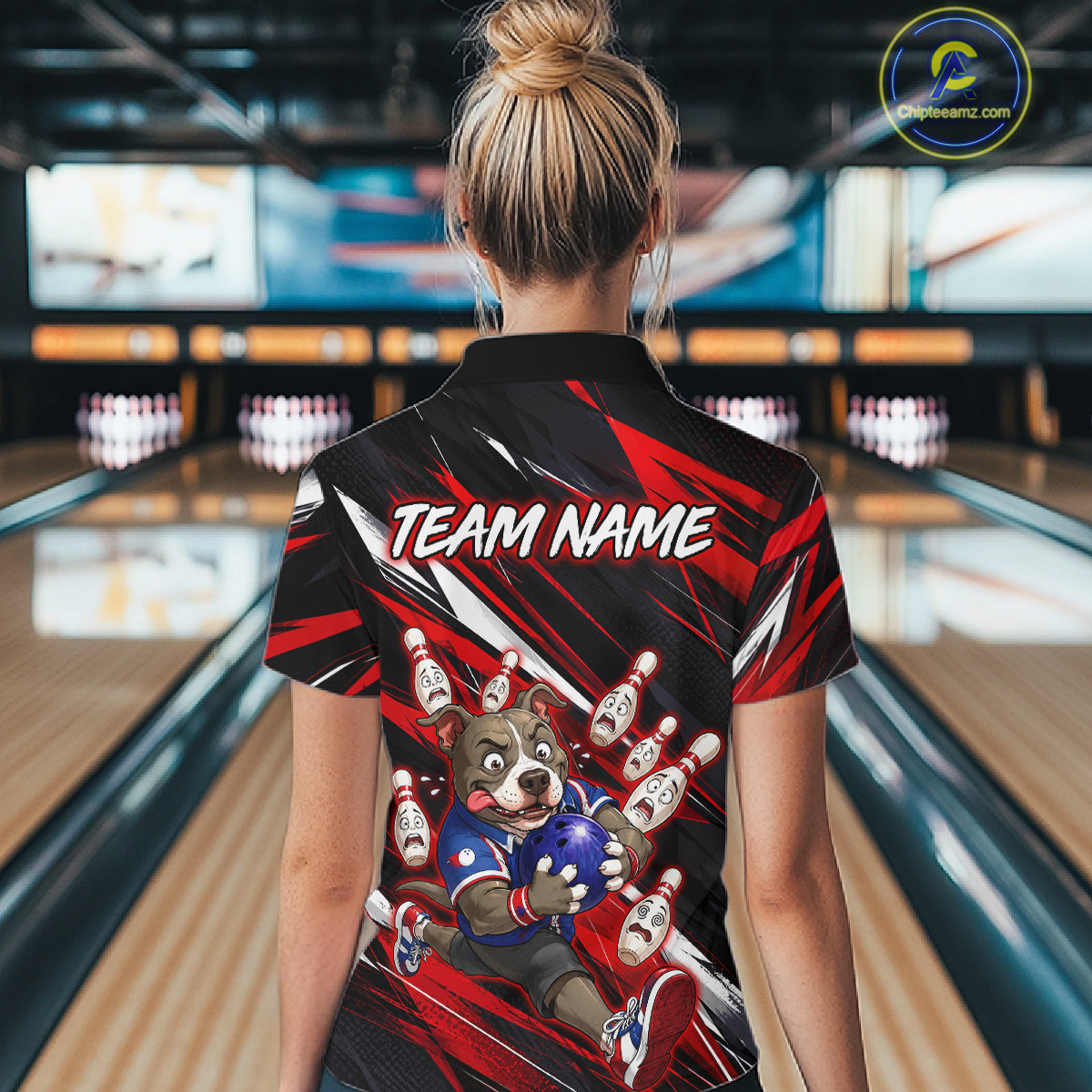 Woman wearing custom red pit bull bowling polo shirt, back view mockup, personalized bowling league jersey.