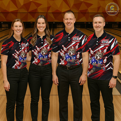 Bowling team wearing custom red pit bull bowling shirts, group front view mockup, personalized team jerseys.