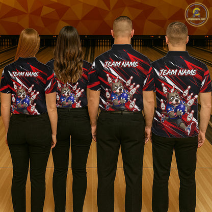 Bowling team wearing custom red pit bull bowling shirts, group back view mockup, personalized team jerseys.