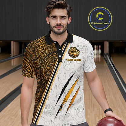 Man wearing custom yellow tribal tiger  bowling polo shirt, front view mockup, personalized bowling league jersey.