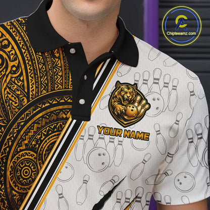 Close-up collar view of custom yellow tribal tiger bowling polo shirt with personalized name detail.