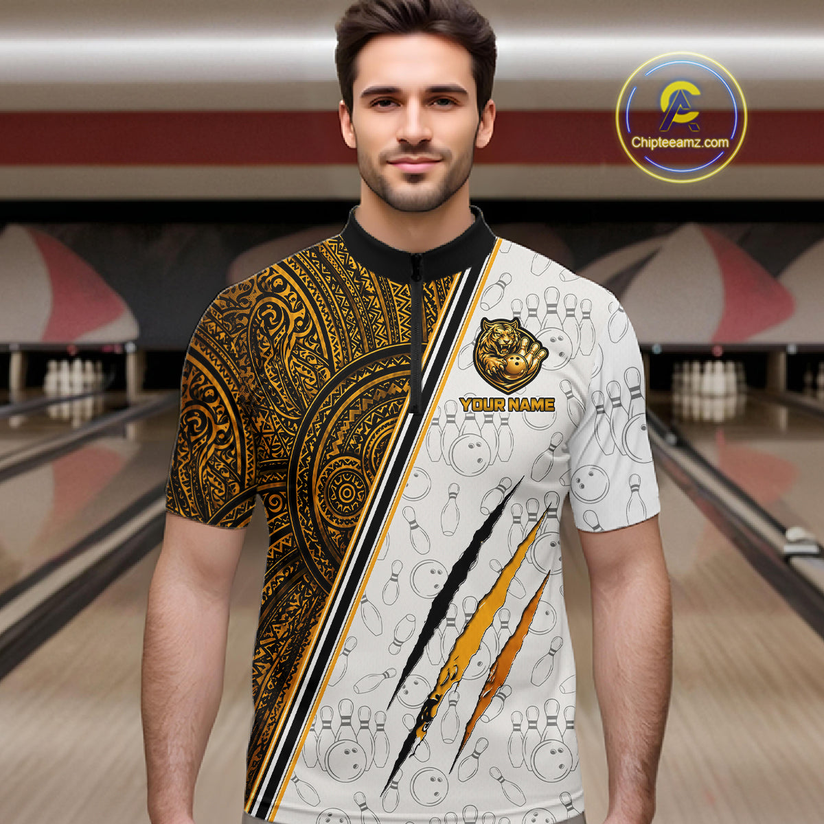 Man wearing custom yellow tribal tiger bowling 1/4 zip shirt, front view mockup, personalized bowling league jersey.