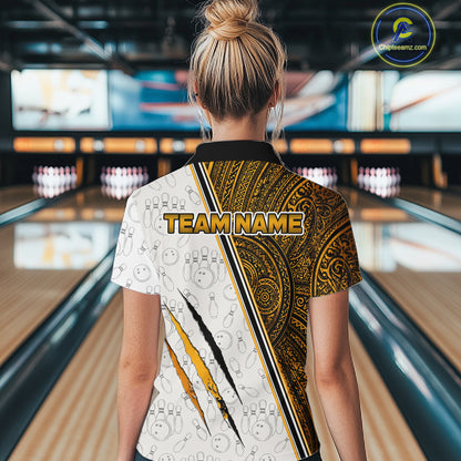 Woman wearing custom yellow tribal tiger  bowling polo shirt, back view mockup, personalized bowling league jersey.