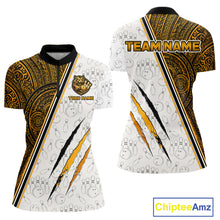 Load image into Gallery viewer, Custom yellow tribal tiger bowling quarter-zip shirt, front and back views, bowling league jersey for women