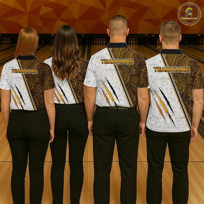 Bowling team wearing custom yellow tribal tiger bowling shirts, group back view mockup, personalized team jerseys.
