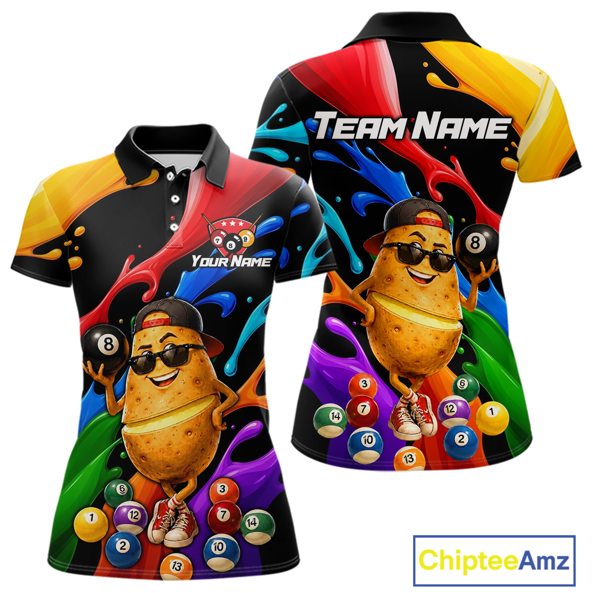 Colorful polo shirt with a potato character and billiard balls design, featuring 'Team Name' and 'Your Name' text.