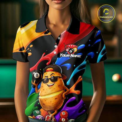 Colorful polo shirt with a potato character holding an 8-ball on a pool table background.