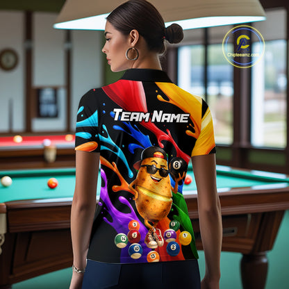 Person wearing a colorful sports jersey with billiards design in a pool hall.