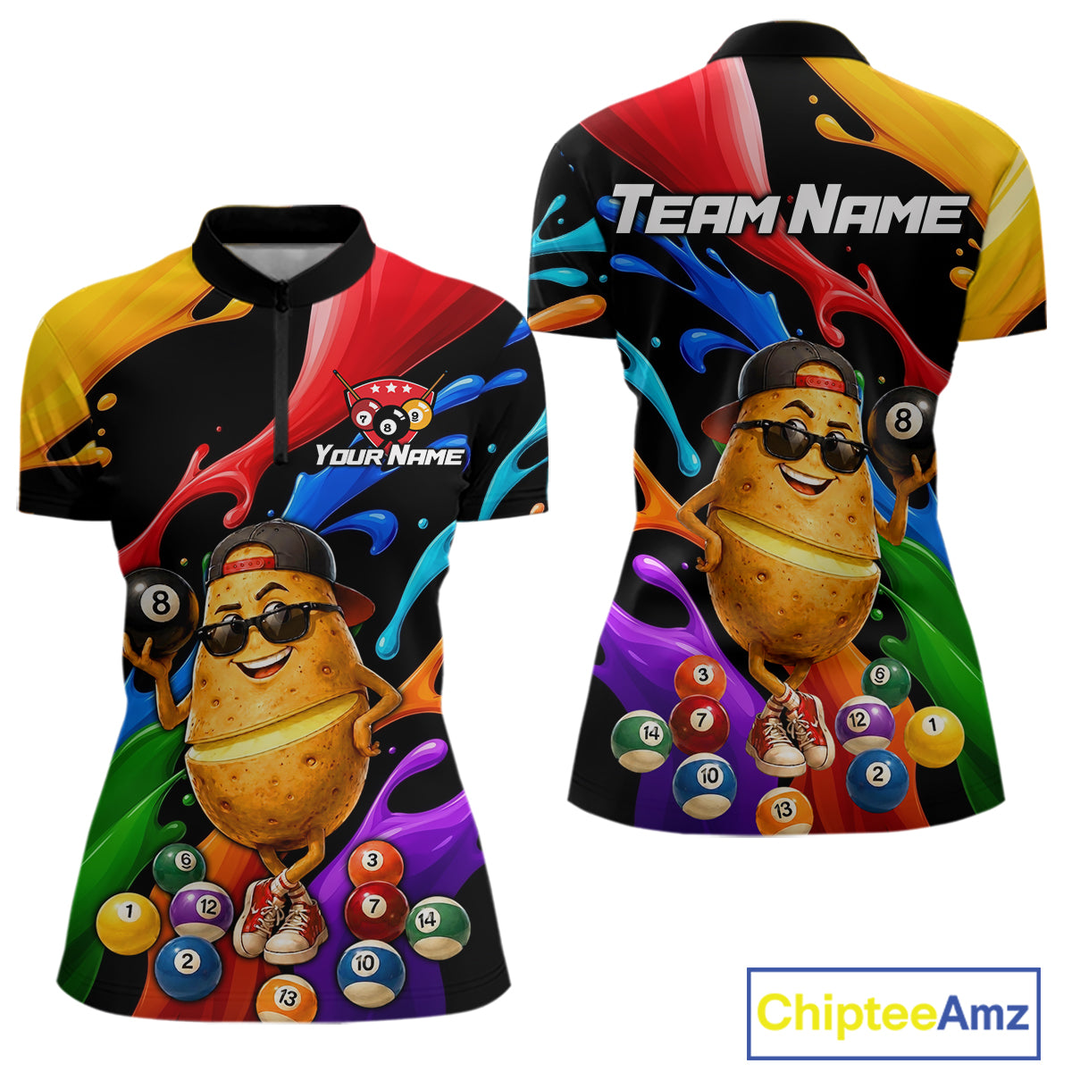 Colorful quarter-zip jersey with cartoon potato design and pool balls, featuring 'Team Name' and 'Your Name' text.